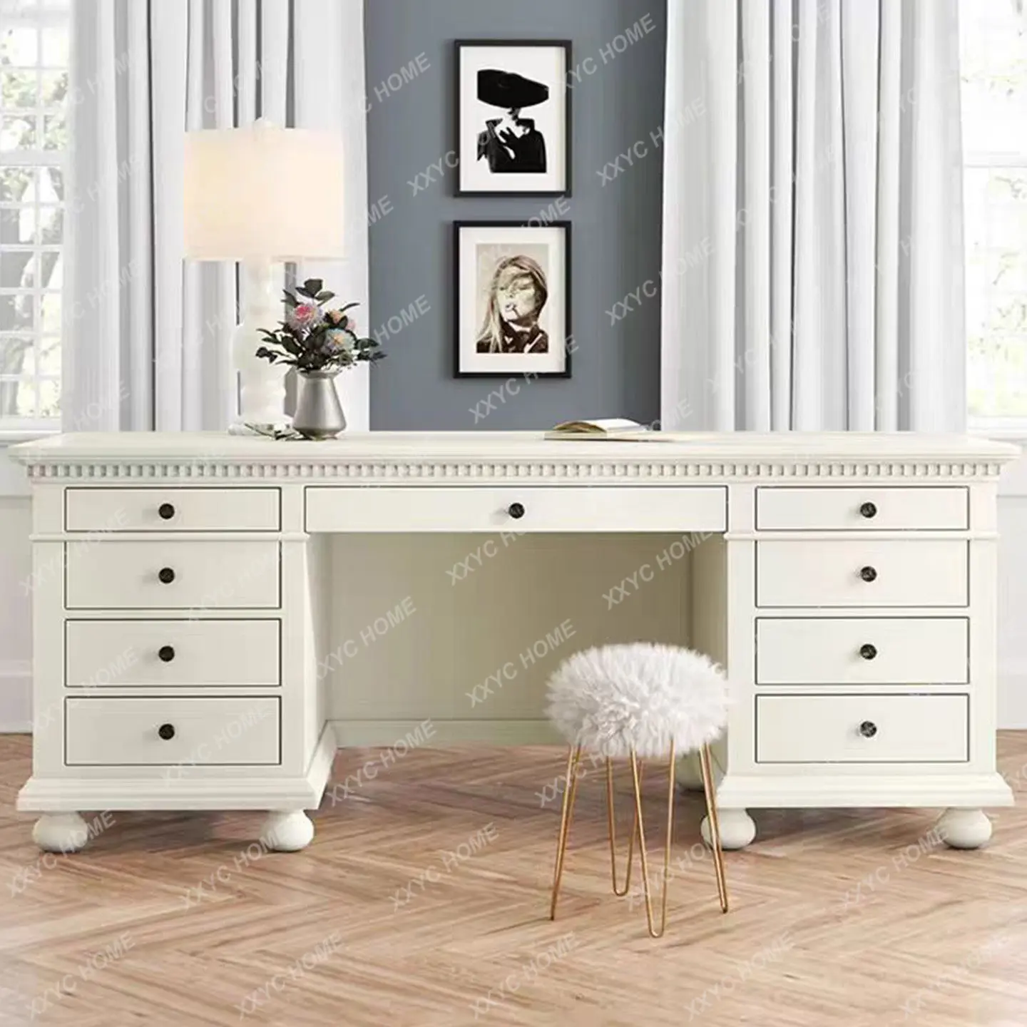 Solid wood desk high-end home study student study table writing desk retro desk