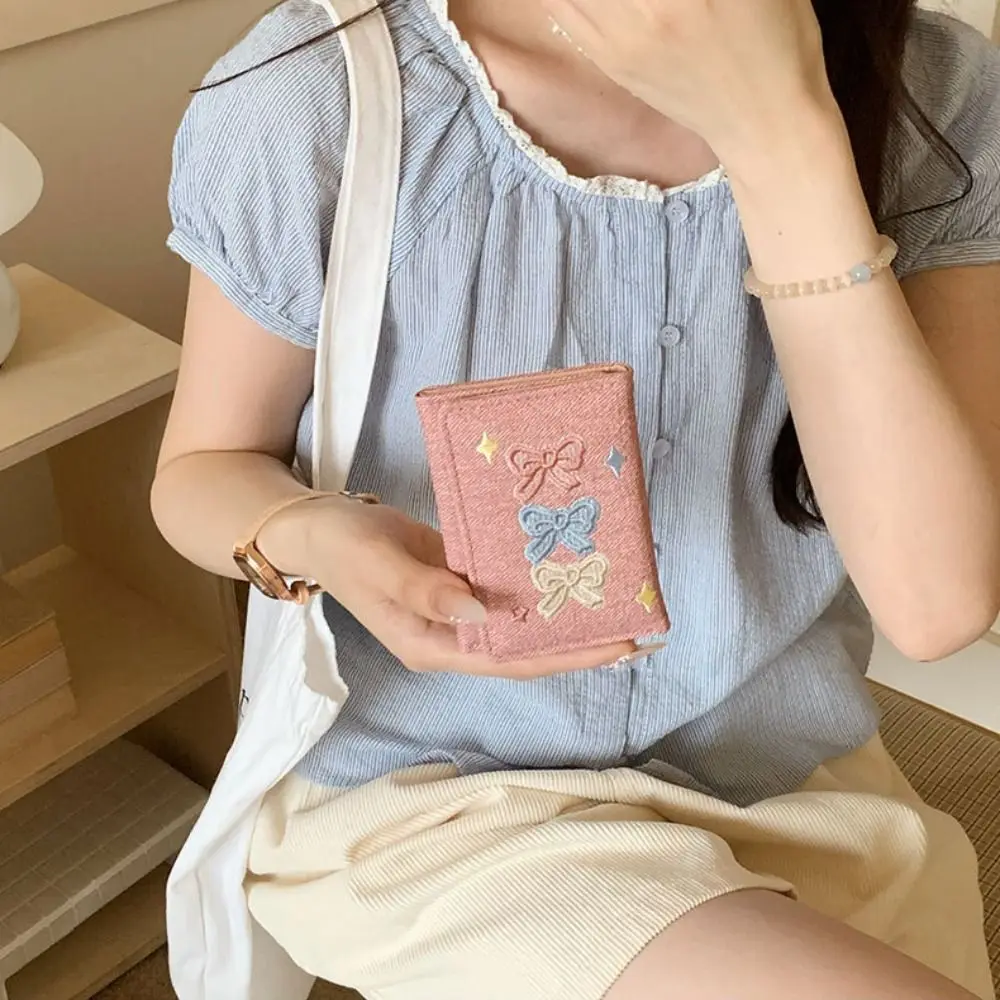 Coin Pouch Portable Embroidered Bow Wallet PU Leather Cute Leather Card Holder Fashion Embroidery Denim Coin Purse Dating