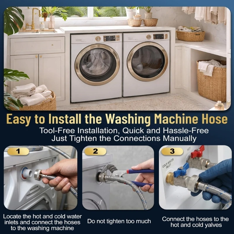 48 Inch Washing Machine Hoses Stainless Steel Hot and Cold Supply Pair with EPDM Lining for Washer Placement Behind Laundry