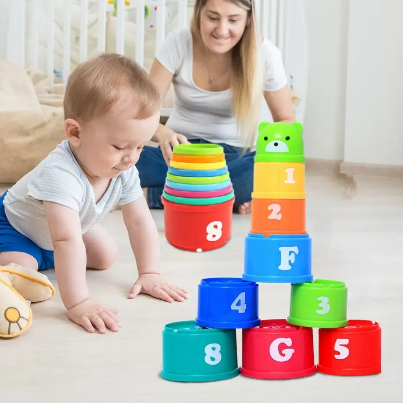 Stacking Cups Toy Early Educational Figures Letters Folding Stack Cup Tower Rainbow Cups Stacking Tower Montessori Toys for Kids