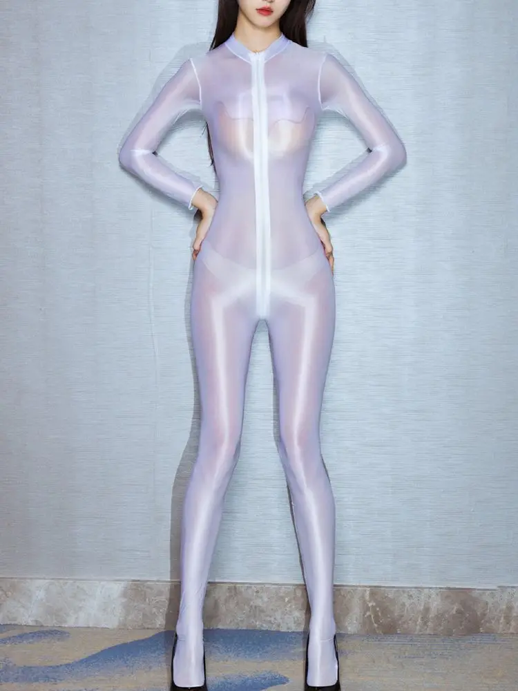 Glossy Shiny Pantyhose Bodystocking Catsuit 2 Way Zipper Open Crotch Bodysuit Tights Sexy Transparent Leotard Conjoined Lingerie