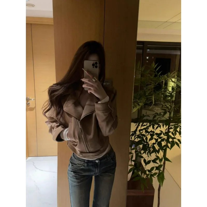 American Khaki Suede Leather Jacket Women's Spring and Autumn Korean Short Waist-cinching Form-fitting Motorcycle Jacket Spring