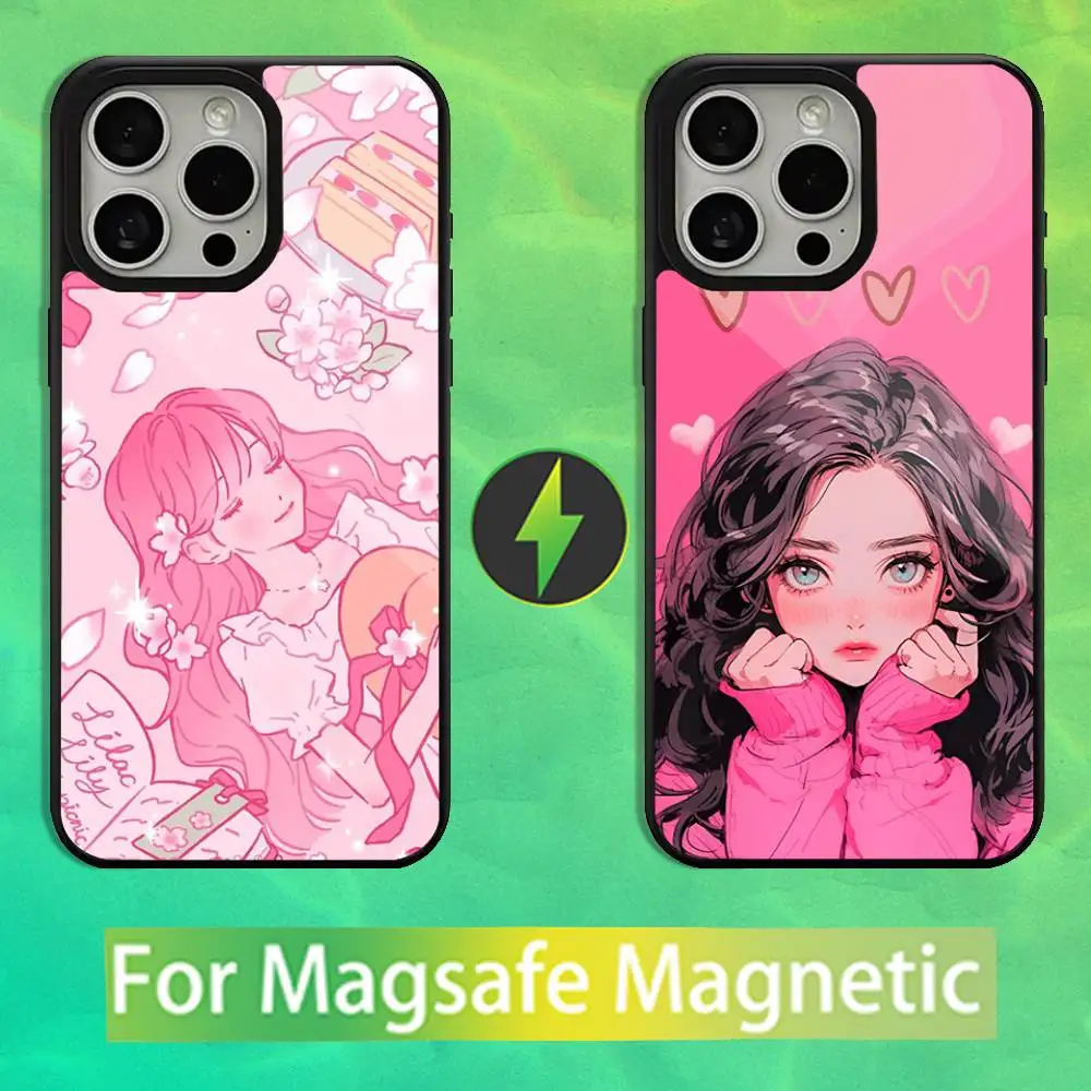 

Cartoon Pink Beauty Girl Phone Case For iPhone 16,15,14,13,12,11,Pro,Max,Plus,Mini,Magsafe,Magnetic Wireless Charging Case