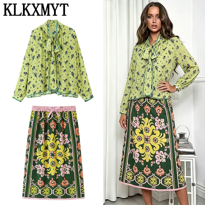 KLKXMYT Women Set Fashion Print Bow Shirt Tops Elegant Midi Skirt Casual 2026 Summer Autumn Elegant Woman Outfit