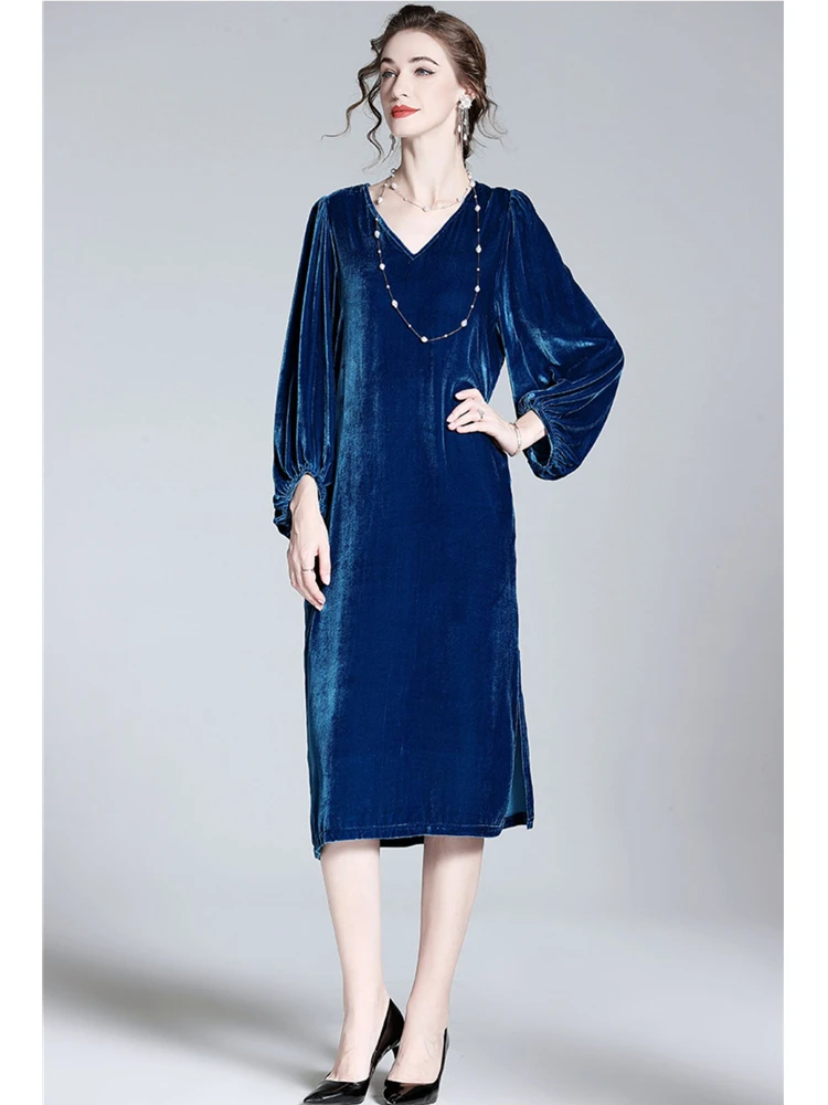 2023 Autumn Women Fashion Elegant velour Dress Winter sexy V-neck Split Lantern Sleeve Dress plus size vintage velvet Dress