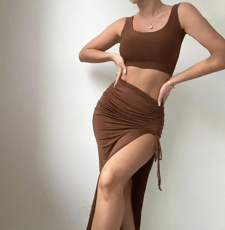 

Women's New Summer Sexy Temperament Commuting U-Neck Strapless Slim Fit Slit Long Dress Fashion Casual Two-Piece Set