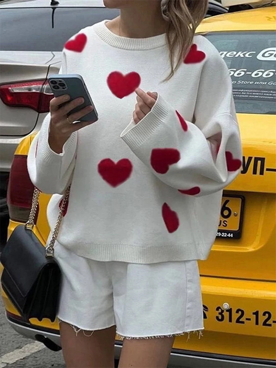 

Chic Heart Printed O-neck Knitted Sweaters Casual Long Sleeves Warm Women's Pullover Street Knitwears Valentine’s Day Outfits