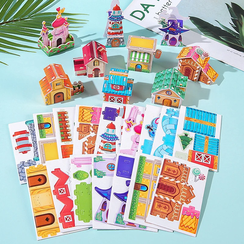 1PC upominki na przyjęcie urodzinowe nagrody w przedszkolu Cartoon 3D Model budynku domu papierowe puzzle zabawki edukacyjne dla dzieci