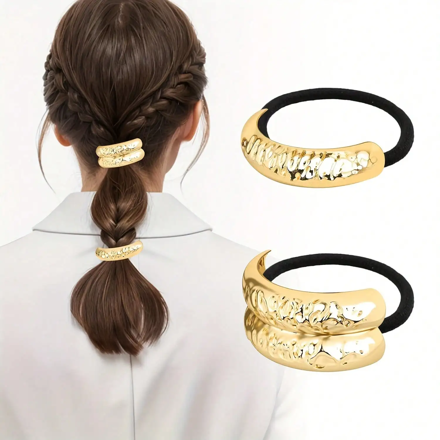 

2pcs Women'S Elegant High Elasticity Hair Ties - No-Slip Ponytail Holders With Golden-Tone Metallic Accents, & Golden Hair Accessories For Secure Hold, Minimalist Design For Everyday & Formal Events, Hair Accessories For, Sleek Hair Ties