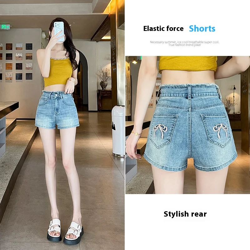 

Women's New Summer Shorts Sweet and Spicy Ageing Thin High Waist Denim Shorts Bow Embroidery Straight Hot Pants Tide Jeans