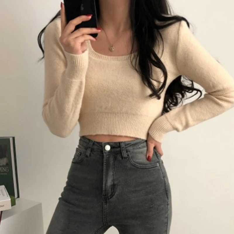 Chic Autumn Winter Short Knitted Sweater Women's Slim Fit Square Collar Long Sleeve Bore Hole Warmth Emitting  Color Com...