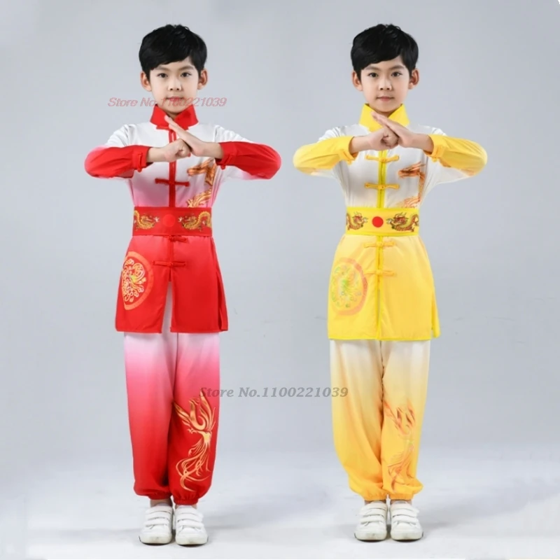 2024 chinese vintage children wushu kung fu set dragon print gradient color wushu kung fu martial arts training exercise suit