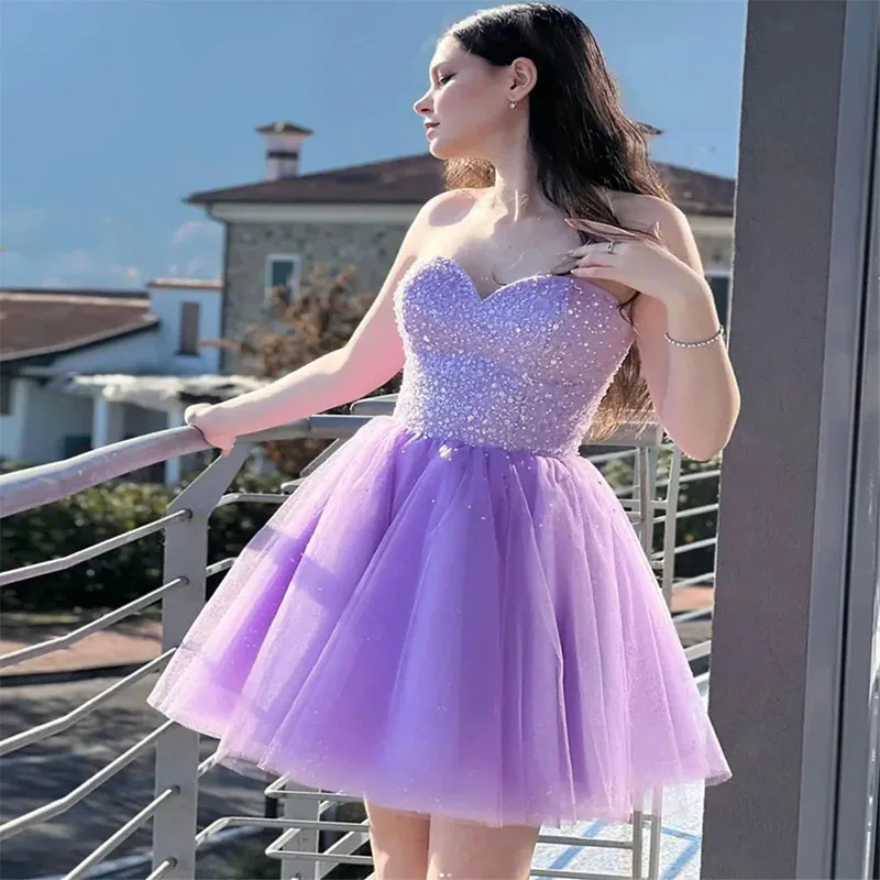 Sparking Lilace Mini Homecoming Dress Sweetheart Sequin Top Short Prom Gown Tiere Tulle Above Knee Length Cocktail Party Dress