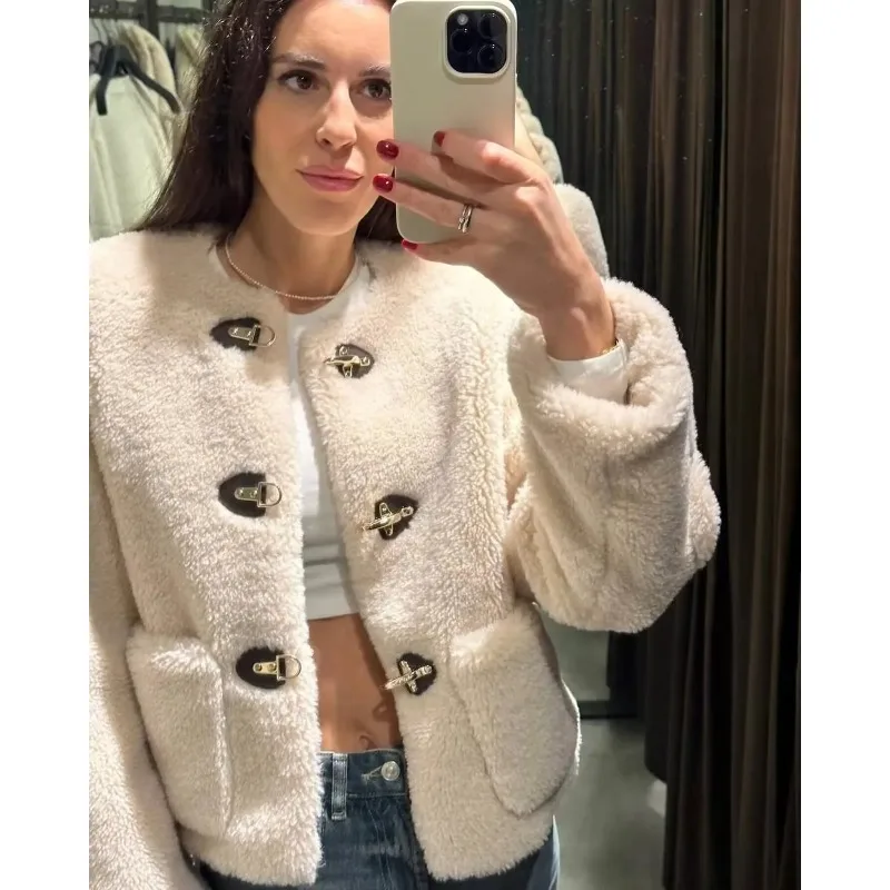 2025年 女性用 ベージュ カジュアル ルーズコート ファッション レディース 冬 フェイクファー 厚手 暖かい ラムウール オックスホーンバックル ジャケット コート ストリート アウター