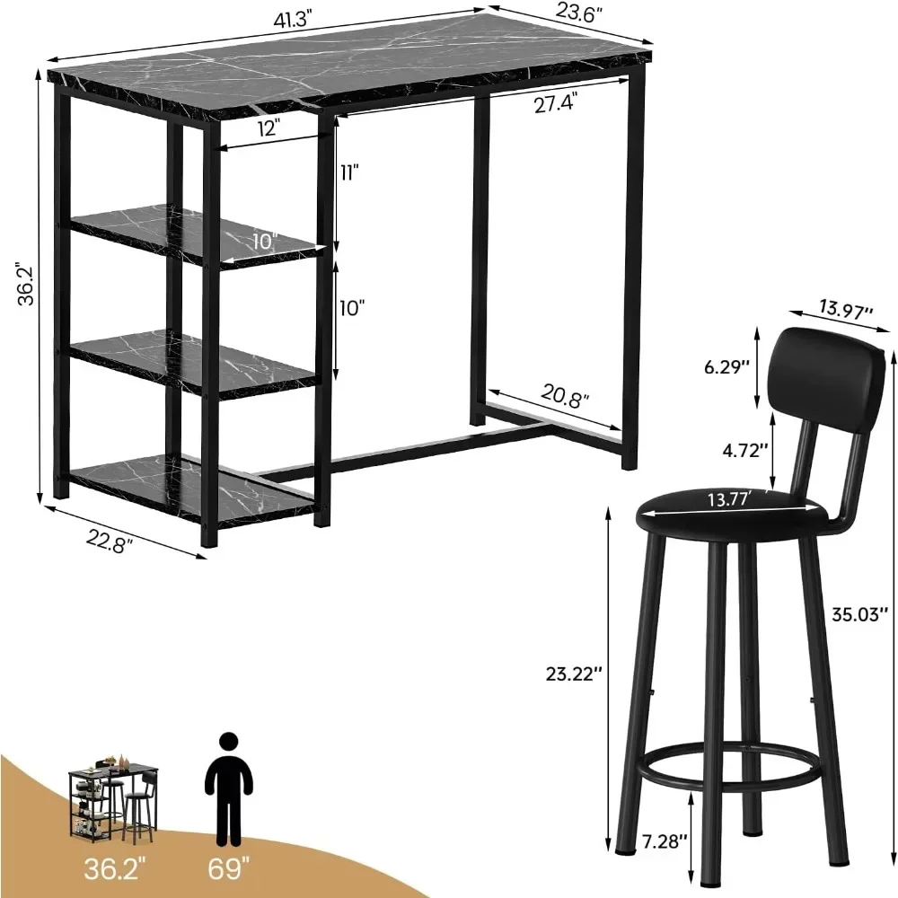 Dining Table Set for 2, Counter Height Pub Table with 2 PU Leather Widen Backrest Bar Stools & 3 Storage Shelves,