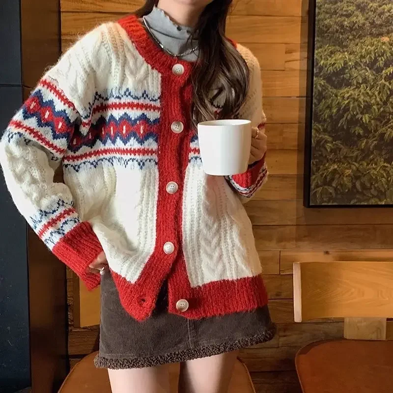 Christmas Sweet Argyle Pattern Knitted Cardigan for Girls Preppy Students Loose Oversized Sweaters Coats Winter Autumn Outerwear