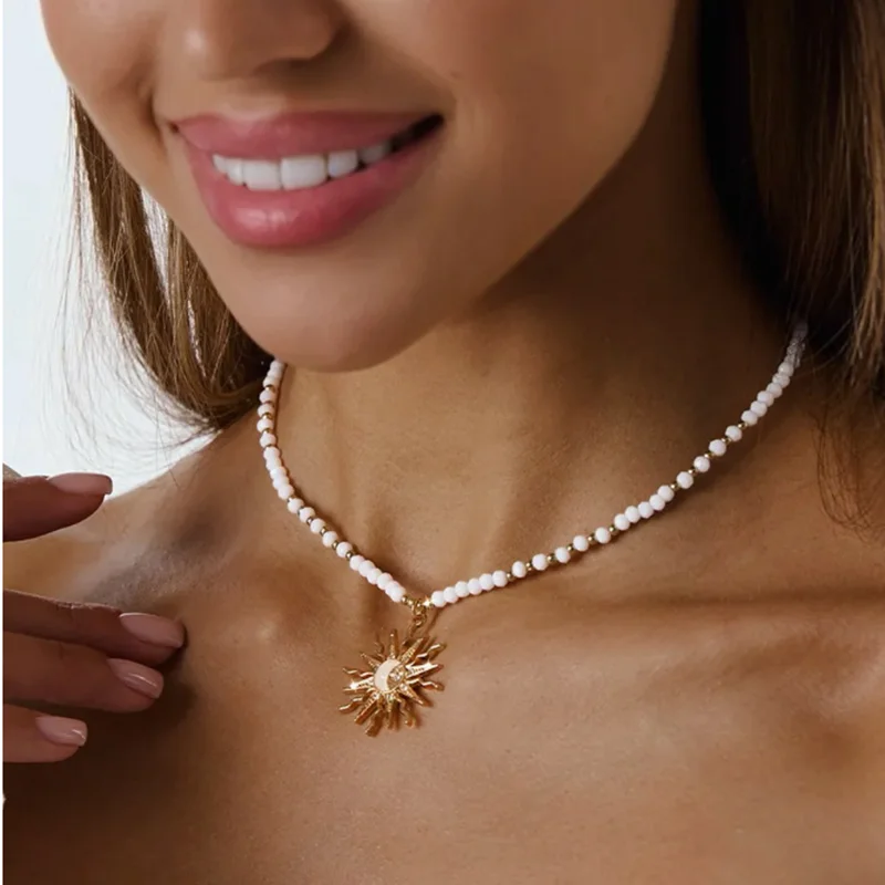 

Vintage Golden-Toned Sun Pendant Necklace for Women Elegant Turquoise Beaded Chain Choker Neck Boho Statement Punk Jewelry Gift