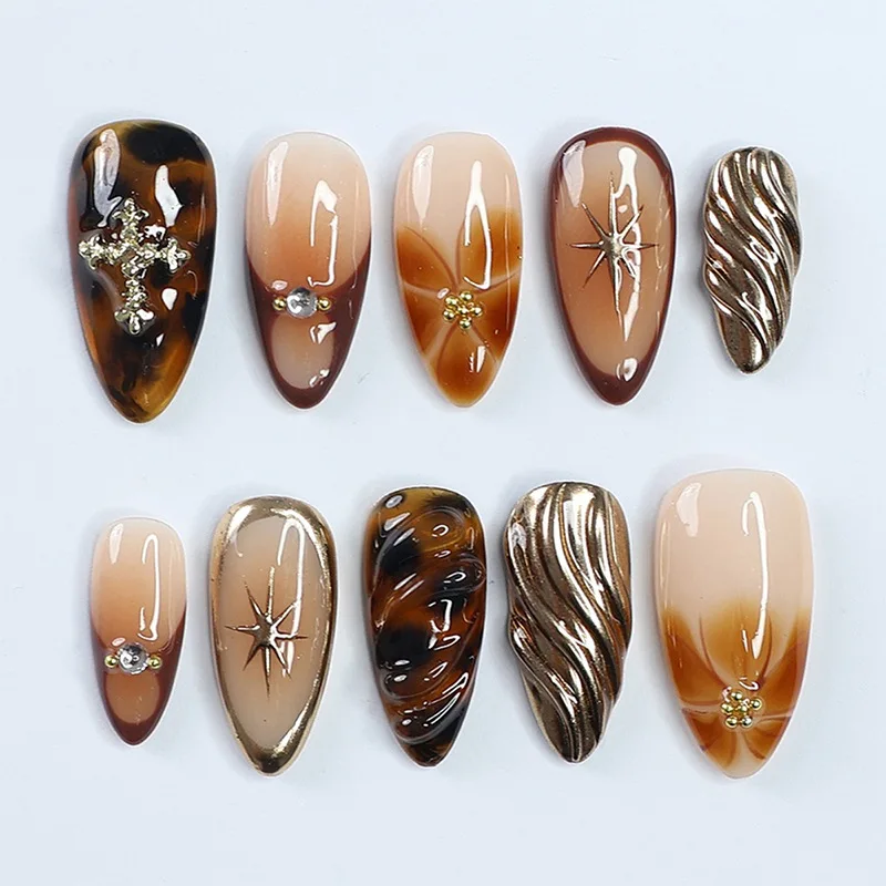 

24PCS Amber Almond Press on Nails Sweet Cool Star Golden Patterns French Fake Nails for Spice Girls Wearable False Nail Tips Set
