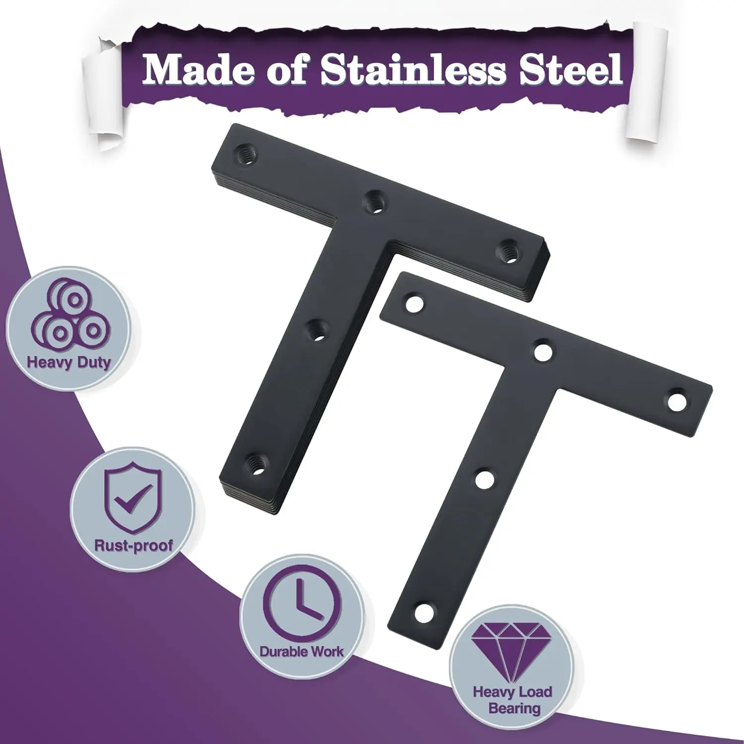 10Pcs Black T Corner Braces T Bracket Connector 40/60/80mm(1.6/2.4/3.2Inch) T Shape Flat Mending Plates Fixing Repair Plates
