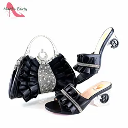 Fashionable New Arrivals Italian Ladies Shoes Matching Bag Set in Black Color with Appliques 2024 INS Hot Sale Slipper for Dress