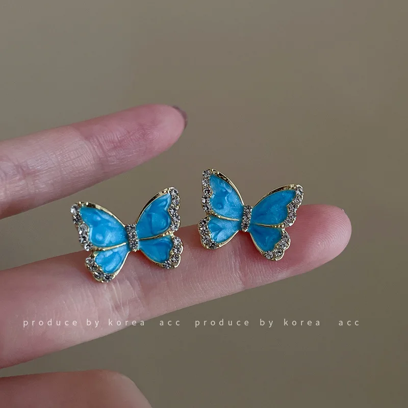 Blue Crystal Butterfly Earrings Women 2022 Fashion Trend Stud Earrings Female Korean Jewelry