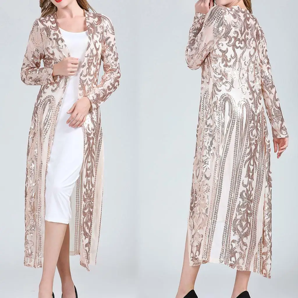 Womens Long Sequin Open Front Cardigan Coat Mesh Sheer Jacket Tops for Party