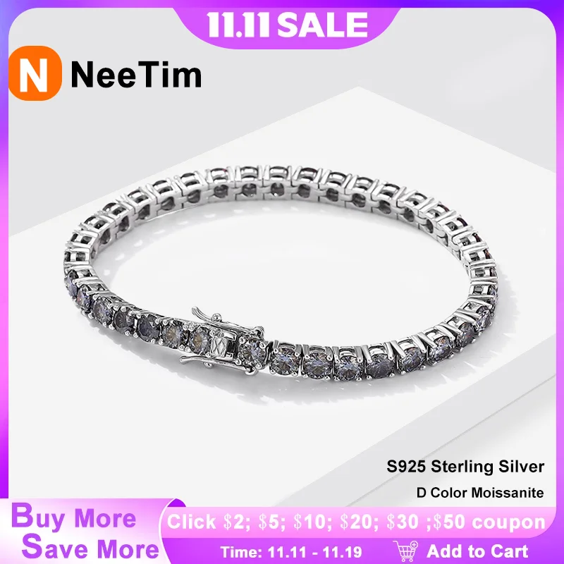 

NeeTim полный серый муассанитовый теннисный браслет из стерлингового серебра 925 пробы с белой позолоченной цепочкой, вечерние браслеты для женщин и мужчин