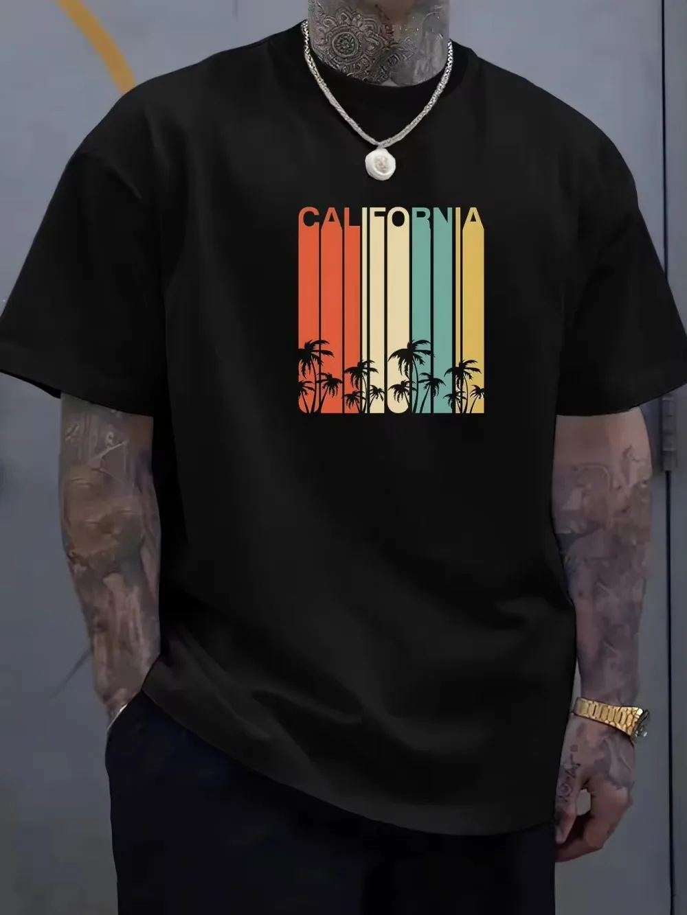 European and American men's summer California striped landscape print soft and breathable round neck T-shirt outdoor casual top