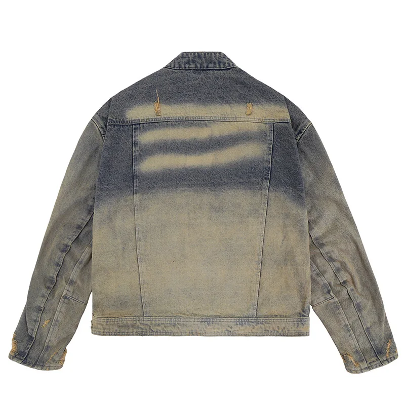 Collarless wash denim motorcycle jacket