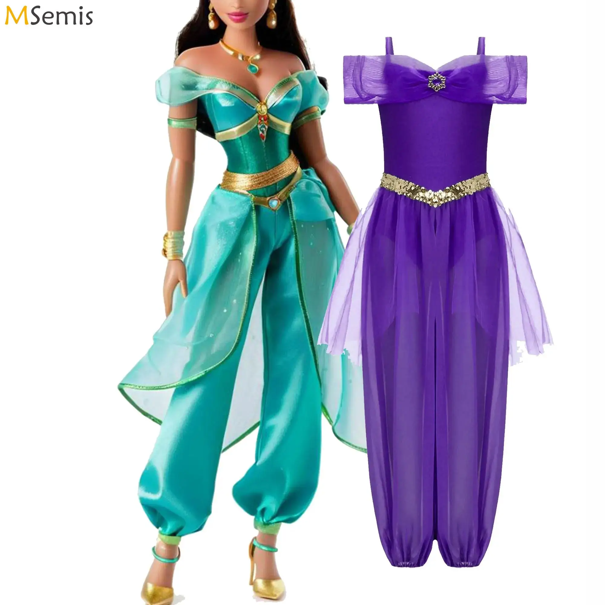 

Halloween Arabian Princess Costume Rhinestone Sequin Belly Dance Jumpsuit Mesh Overlay Romper Oriental Indian Arabi Role Playing