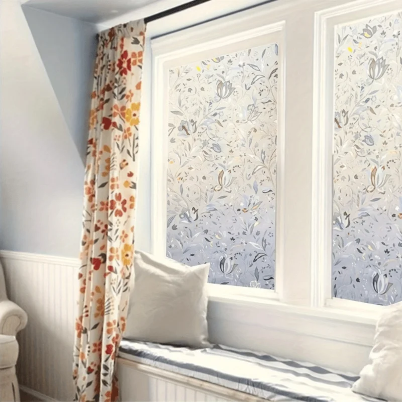 Painted Floral Privacy Window Film Static Cling Light Block Heat Control Removable Decorative UV Protection for Home Glass