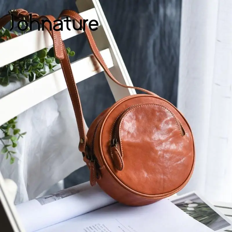 Johnature Retro Handmade Genuine Leather Round Bag Women 2024 New Natural Real Cowhide Simple Shoulder & Crossbody Bags