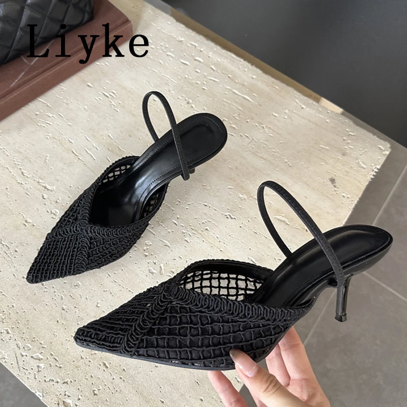 

Liyke Fashion Weave Hollow Mesh Woman Pumps Sexy Pointed Toe Slingback Sandals Ladies Shoes Designer Low Heels Zapatos De Mujer
