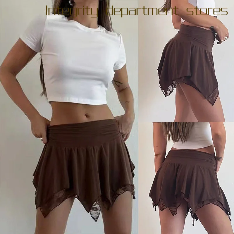 

Sexy Lace Cutout eer Top ort Skirt Pure Color Pleated Lace Inner Two Layers Women's Faion Polyester Micro Elastic Fitn