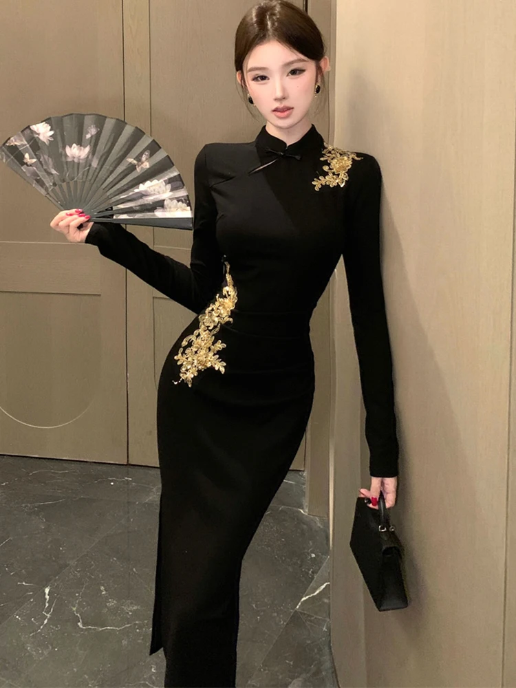 خريف شتاء أسود شيك الترتر طباعة فستان طويل 2025 الكورية خمر هيبورن مساء فستان المرأة أنيقة Bodycon مهرجان فستان #5