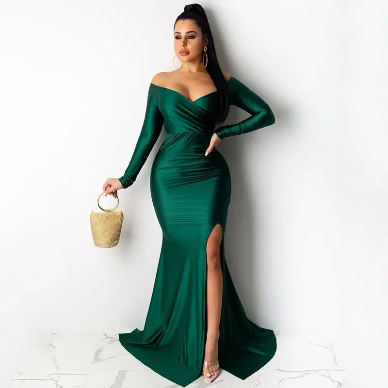 

Sexy Off the Shoulder Slash Neck Formal Occasion Dresses Women Evening Party Night Club Long Sleeve Celebrity Mermaid Maxi Dress