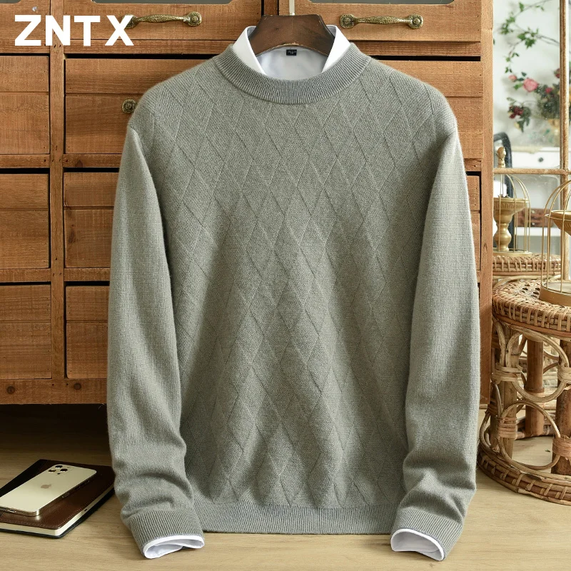 

ZNTX New half high neck 100% pure cashmere sweater men solid color jacquard winter warm Korean version high-grade youth 2024 new