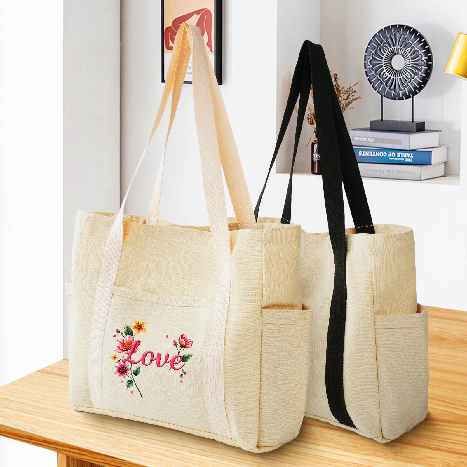 Large capacity canvas tote bag with multiple pockets, foldable shoulder bag, women's multifunctional commuting and casual use