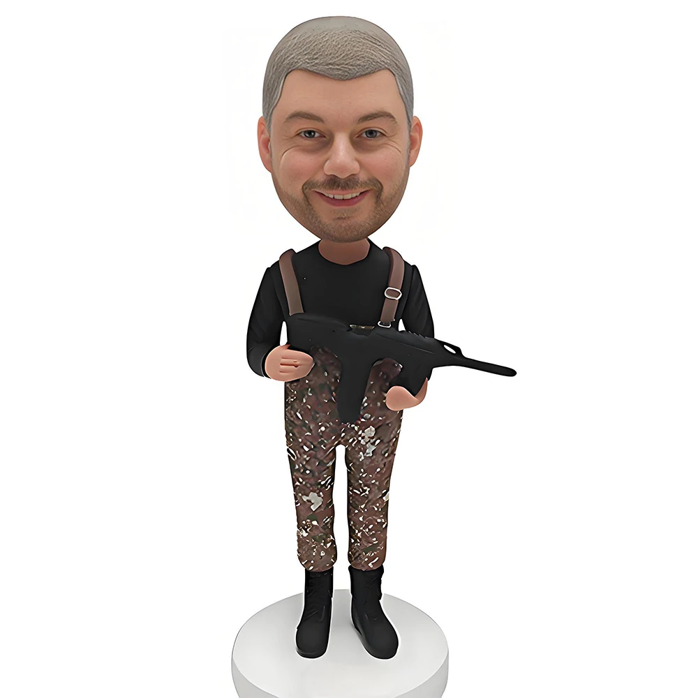 

Personalized Hunter Bobblehead Figure, Camouflage Overalls, Custom Collectible Gift, Handmade Sculpture Based on Your Photo