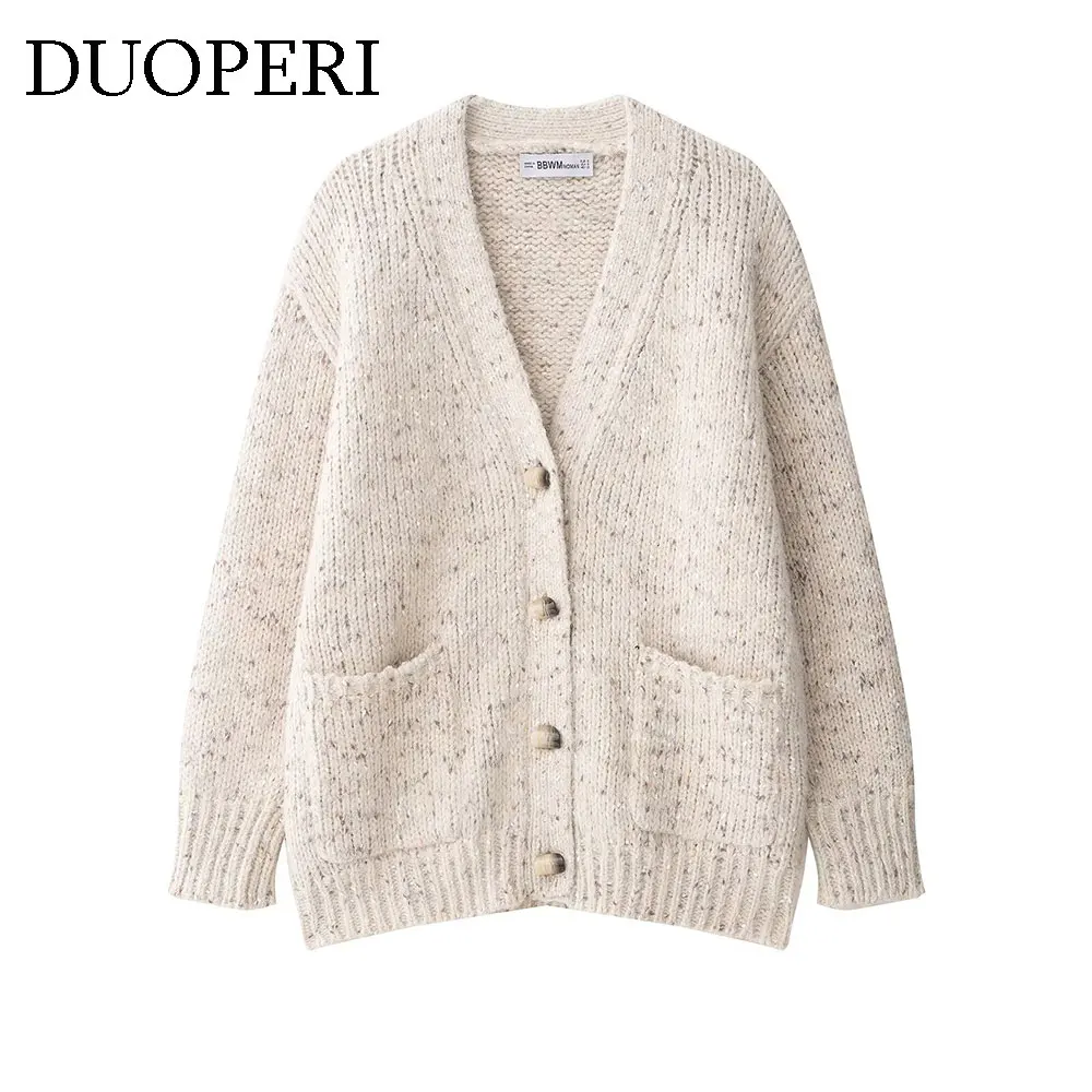 

DUOPERI Women's Beige Single Breasted Knitted Sweater Fashion V-Neck Long Sleeves Knitwear Female Elegant Chic Lady Outfits