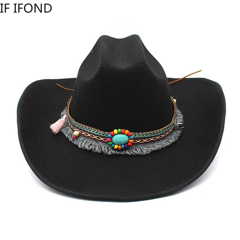 Newest Design Vintage Western Cowboy Hat For Men's 9.5CM Wide Brim Fedora Hat Gentleman Jazz Cowgirl Cloche Church Caps