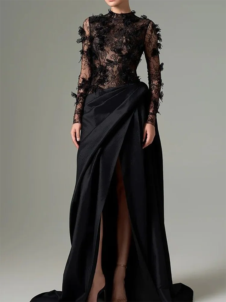 Vestidos de noche formales rectos plisados de manga larga con apliques de cuello alto clásicos vestidos de fiesta de cumpleaños personalizados