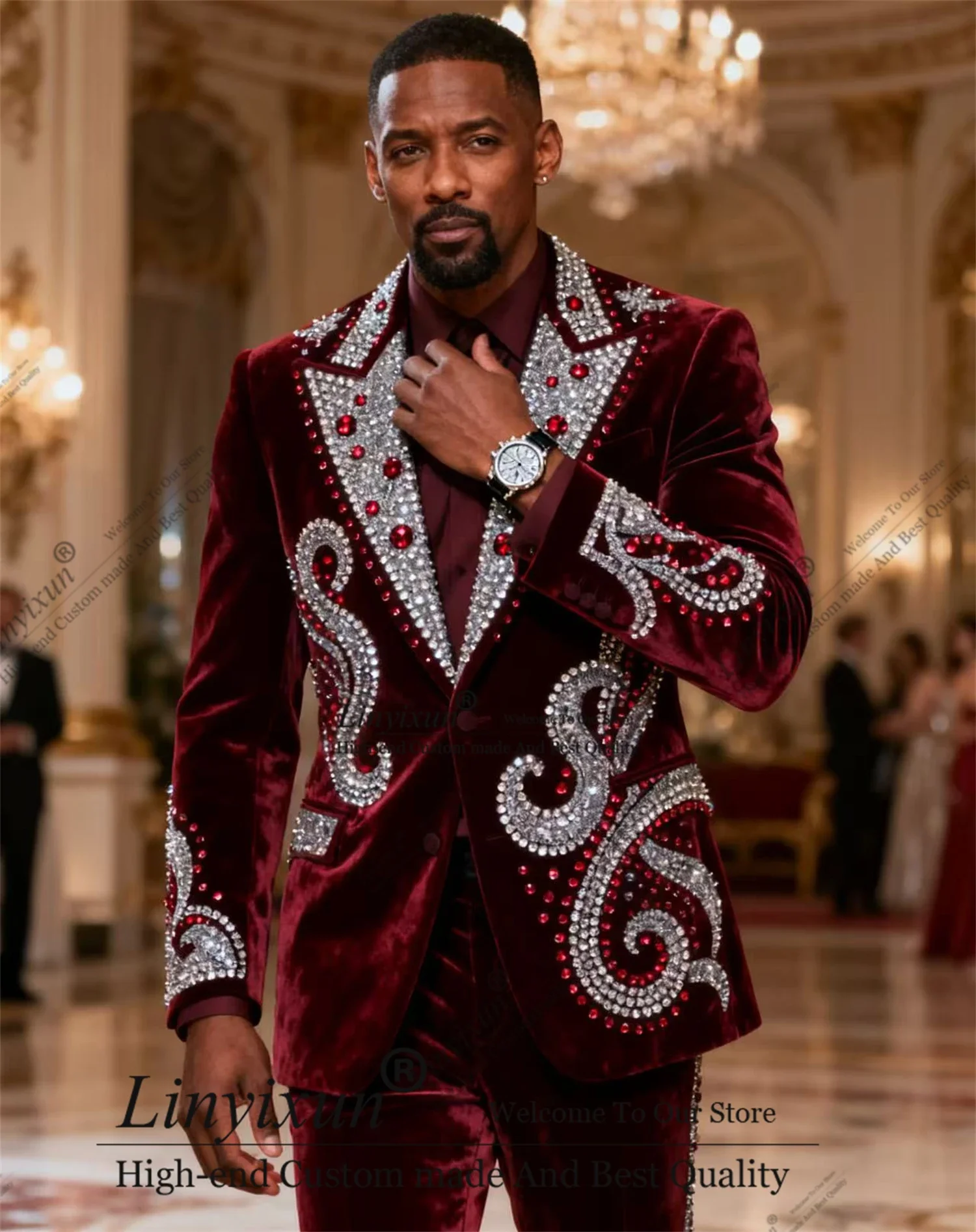 

Handsome Beaded Crystal Men Suits For Wedding Customized Groom Tuxedo 3 Piece Male Prom Blazer Party Terno Masculino Completo