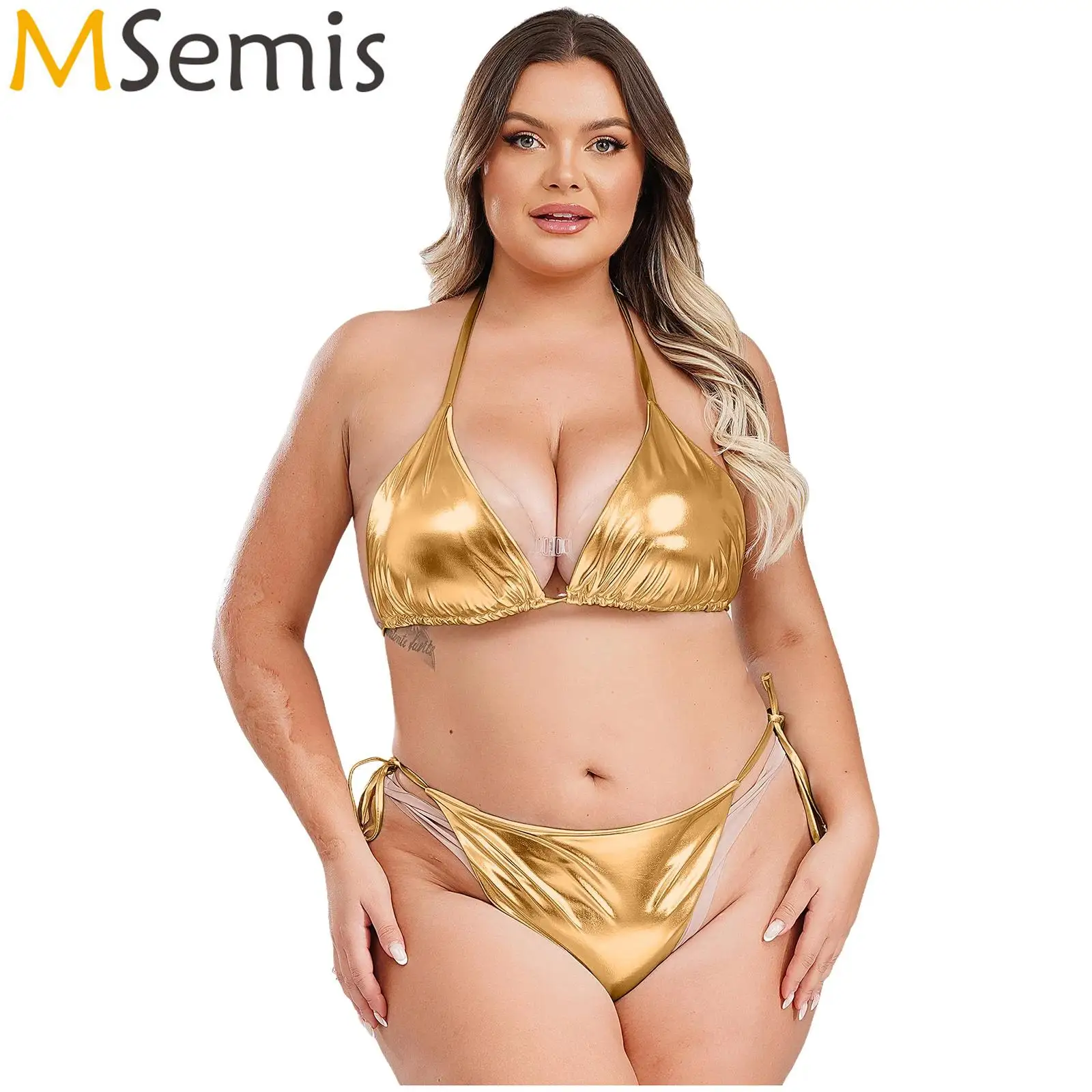 

Womens Big Size Shiny Metallic Swimwear Plus Size Bikini Swimsuit Hater Tie-up Triangle Bikini Bra And Bottom Set Bathing Suit