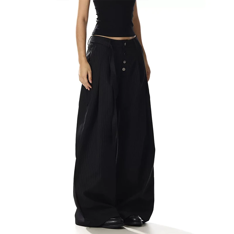 2026 Year Stripe Double Waist Button Kendo Pants Drapey Straight Cleanfit Long Trousers Couple Style Casual Fashion Leisure