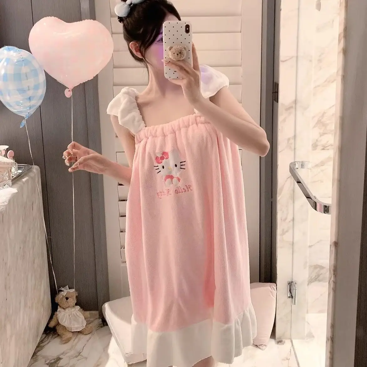 

Kawaii Sanrio's Hello Kitty Towel Bathrobe Can Be Worn As Tube Top Quick Dry for After Shower Cute Anime Cartoon Holiday Gifts