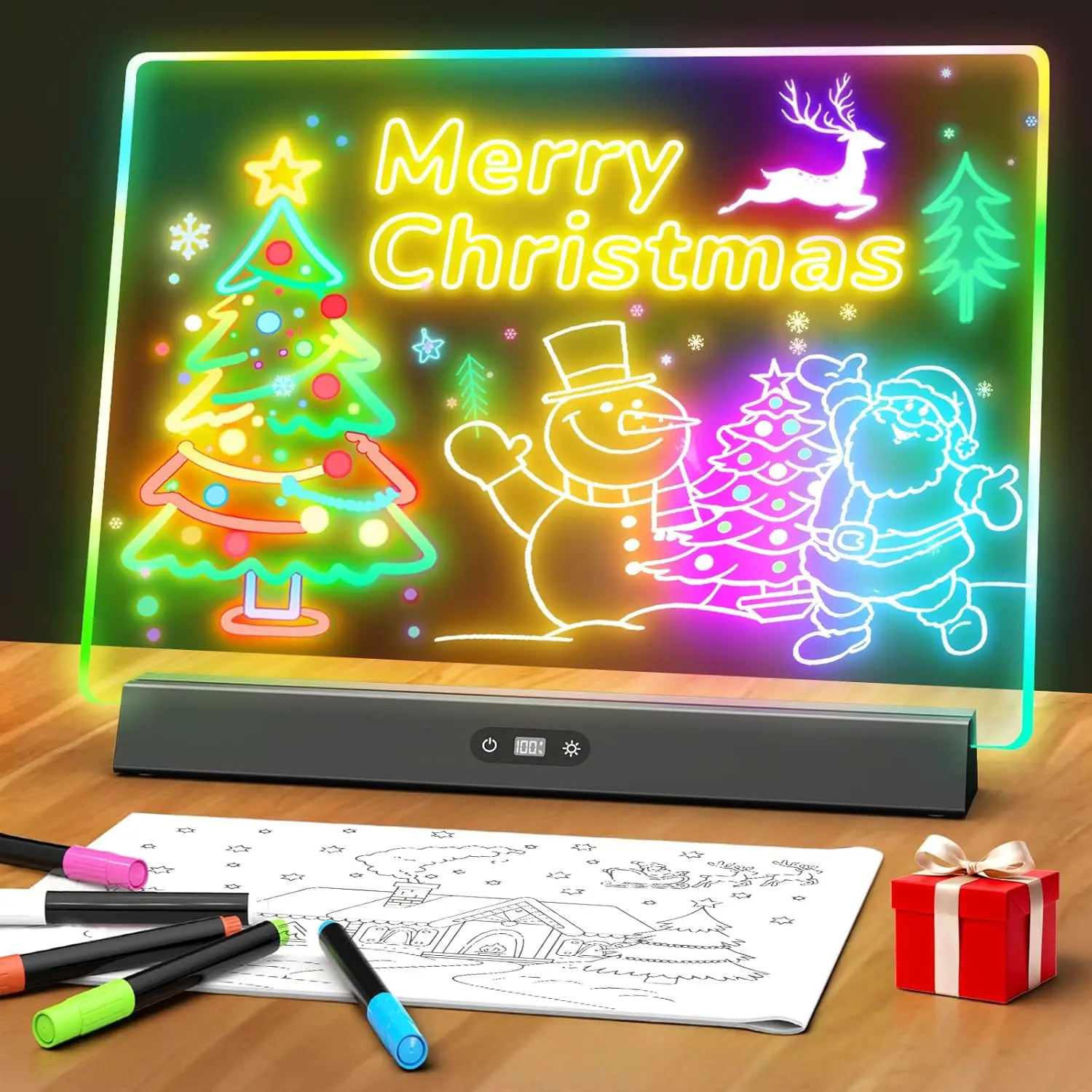 

LED Note Board with Colors, Rechargeable 17-Inch Doodle Glow 9-Mode Light Up Desk Sign, Dry Erase Board for Home Office, 5