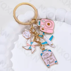 Cartoon Luggage Airplane Windmill Cloud Pink Enamel Keychain Cute Camera Adventure Key Ring For Women Men Gift Travel Jewelry