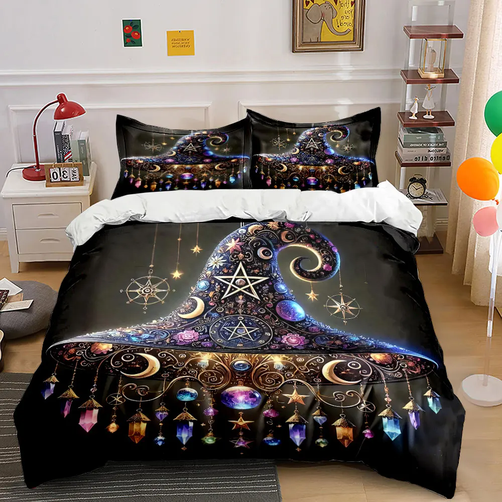 

3Pcs Ornate Witch Hat Bedding Set, Magical Crystals and Stars Print Duvet Cover + 2 Pillowcases, Fantasy Halloween Decor