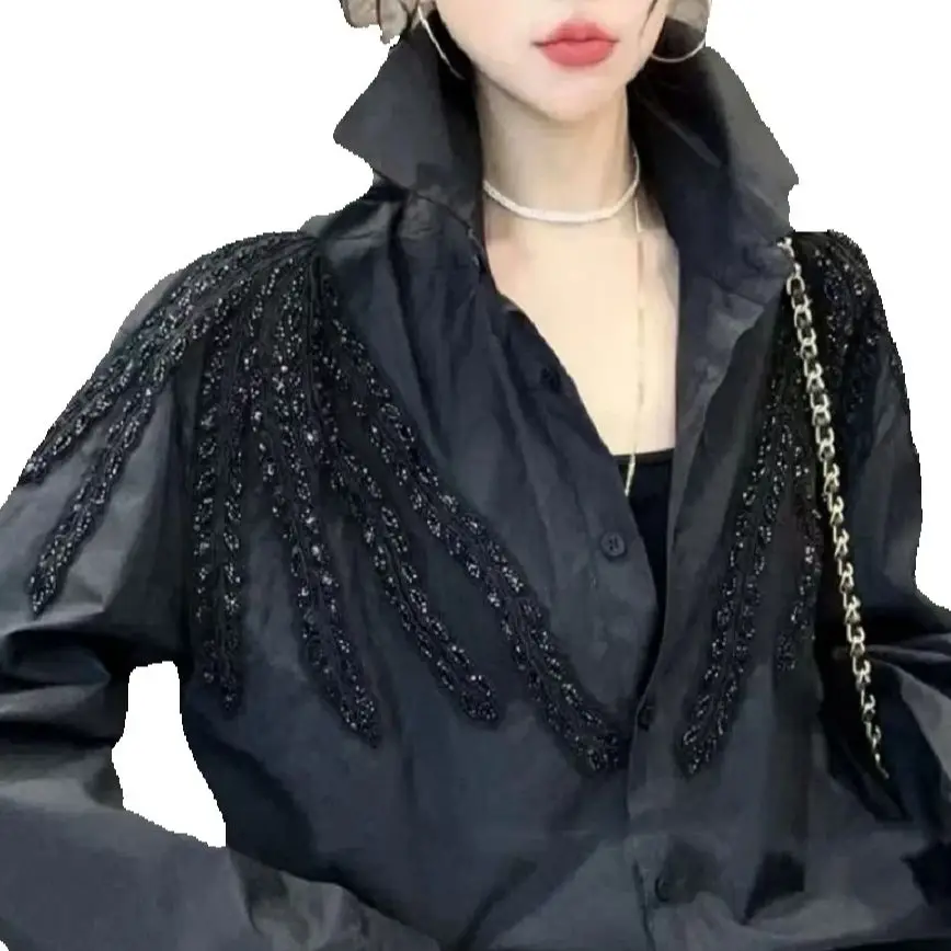 

Luxury Pearls Beads Sequins Embroidery Elegant Casual Blouses Shirts For Women Spring Autumn Summer New Trend Tops Blusas